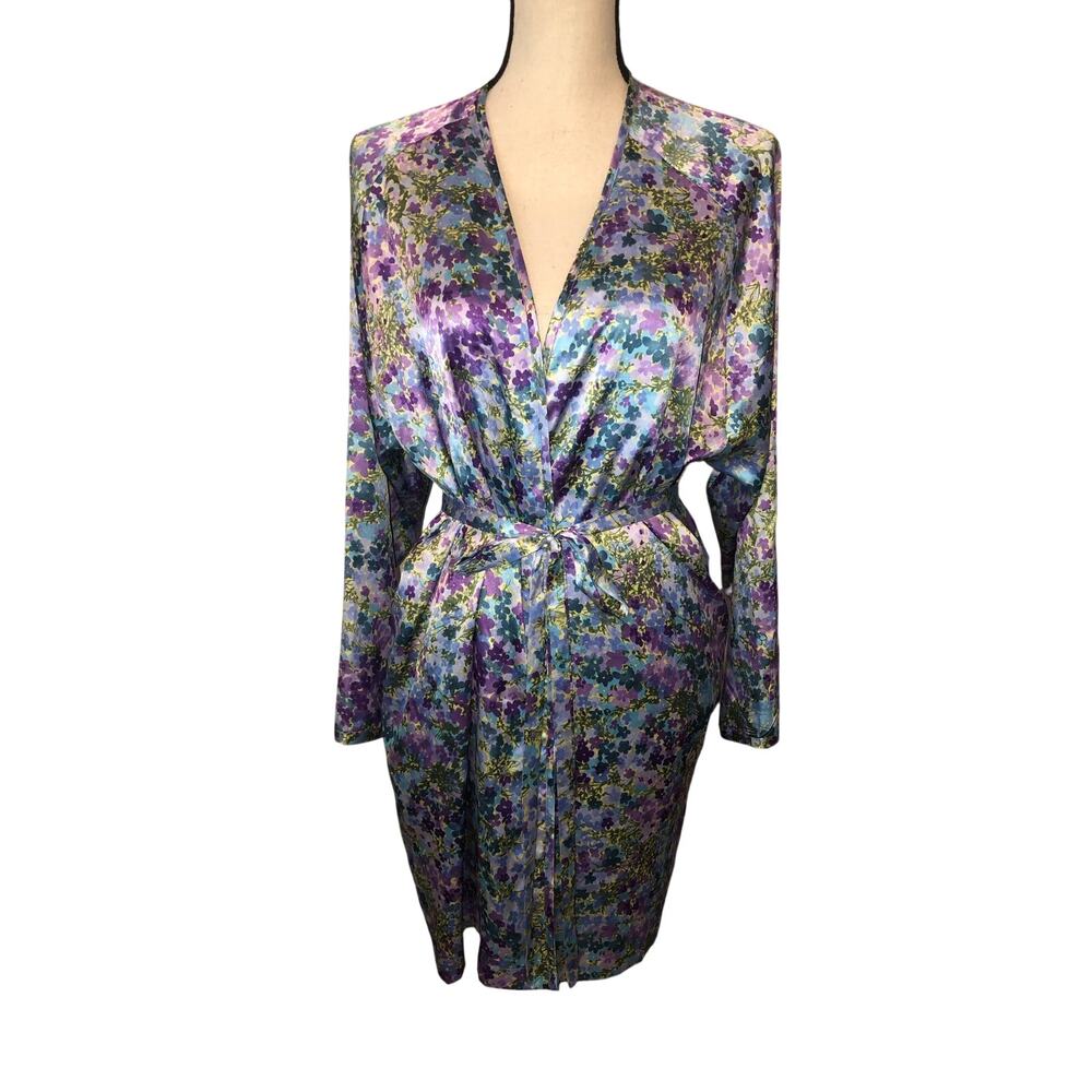 Victorias Secret Short Kimono Robe Blue Purple Floral Pockets Belt One Size